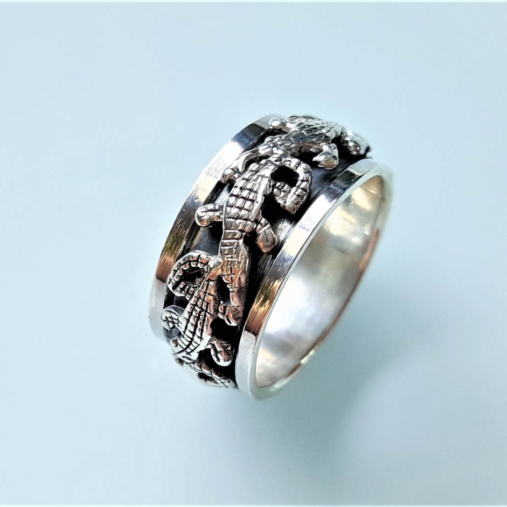 Unisex SOLID .925 Sterling Silver Crocodile Alligator Death Roll Spinner Ring Ha